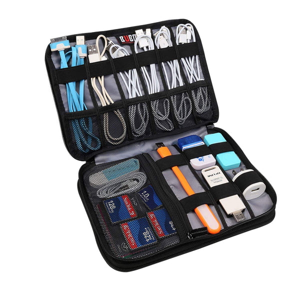 cords and electronics fitted into travel electronics organizer 