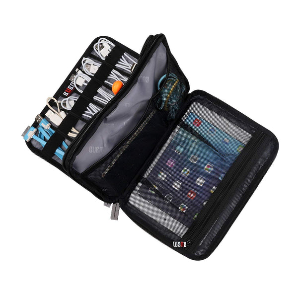 cords and electronics fitted into travel electronics organizer 