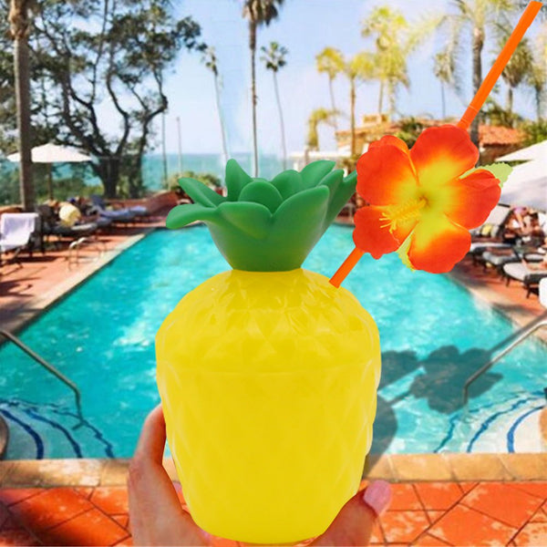Pineapple Drink Cups with Flower Straws, 12 pack