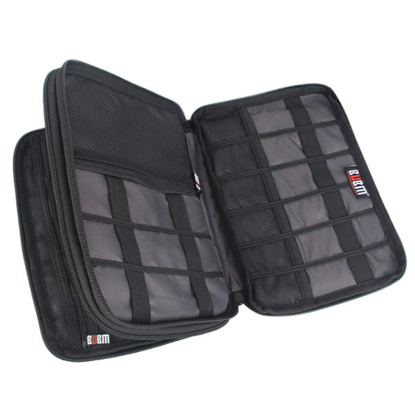 empty compartments of a travel electronics organizer 