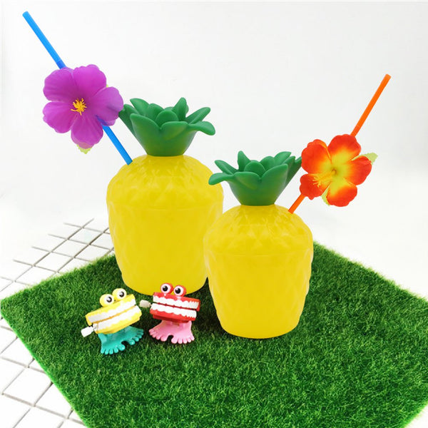 Pineapple Drink Cups with Flower Straws, 12 pack