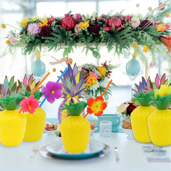 Pineapple Drink Cups with Flower Straws, 12 pack