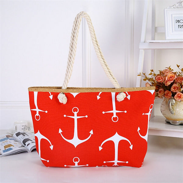 Women Large Capacity Summer Bag Hemp Rope Straw Weave Printed Anchor Canvas Bag Shopping Big Tote Beach Bag