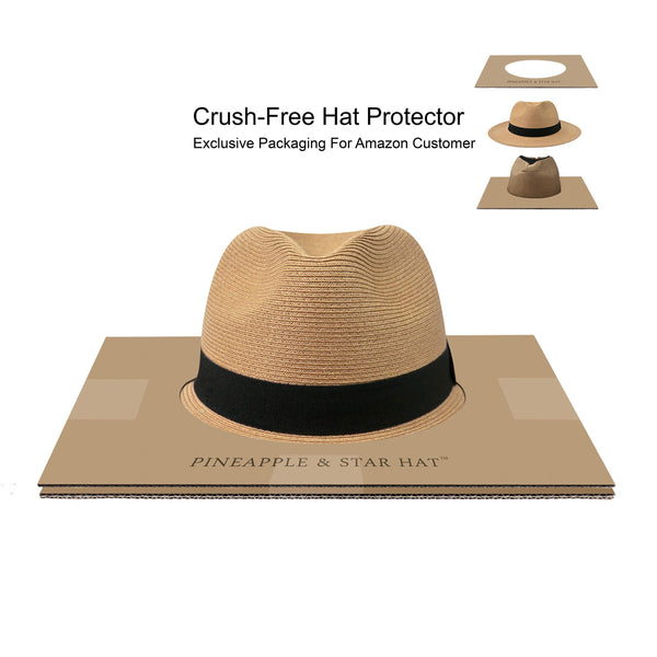 Pineapple&Star Sun Straw Fedora Beach Hat Fine Braid UPF50+ for Both Women Men(Small, Brown)