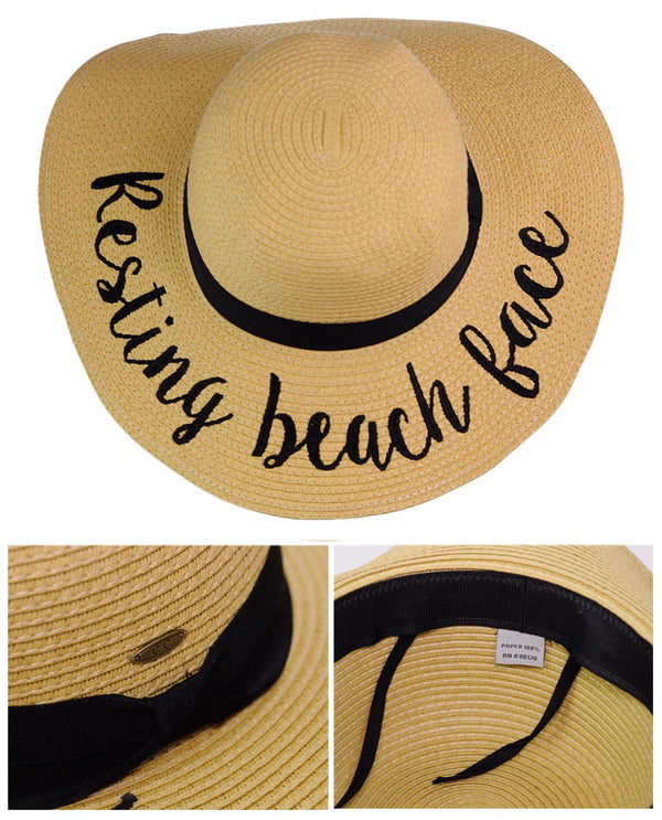 Women's Beach Embroidered Quote Floppy Brim Sun Hat