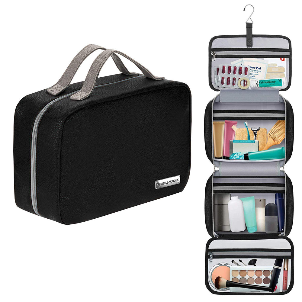 Cruelty-Free Leather Hanging Travel Toiletry Bag - Black
