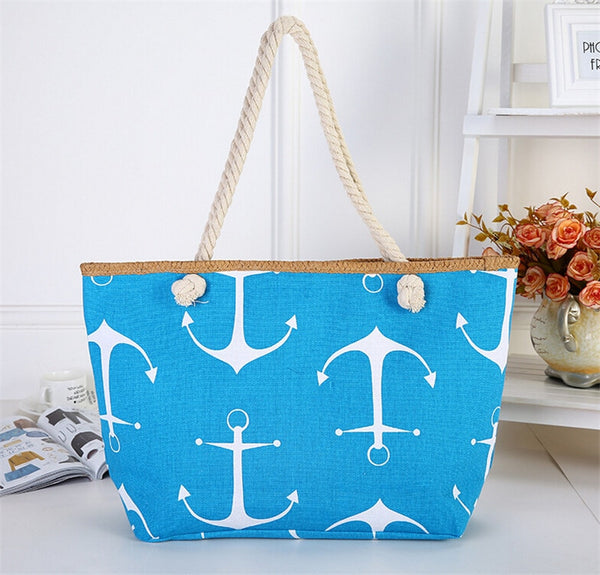 Women Large Capacity Summer Bag Hemp Rope Straw Weave Printed Anchor Canvas Bag Shopping Big Tote Beach Bag